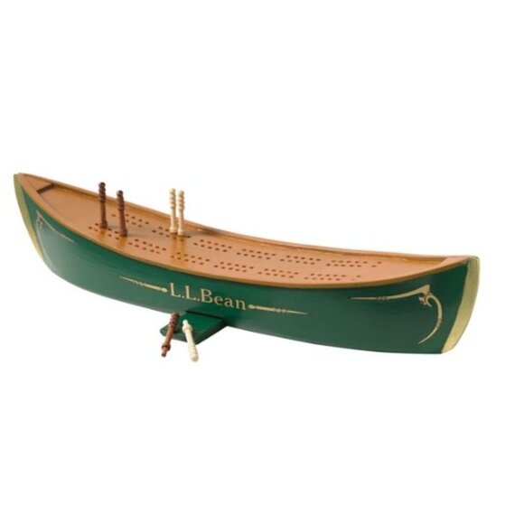 LL Bean Cribbage Board Green With Design Work Wood Top Pegs Included Canoe Shape - Picture 5 of 5